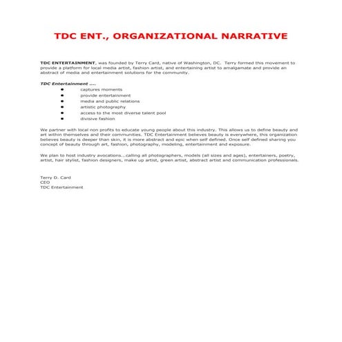 TDC ENETERTAINMENT ORG. NARRATIVE