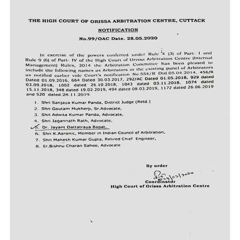 Orissa High Court Arbitration Centre Registration