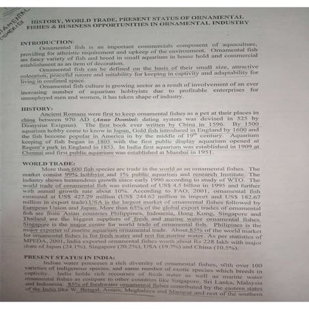 ORNAMENTAL FISH TRADING, OPPORTUNITIES, ACCESSORIES,WATER PARAMETERS