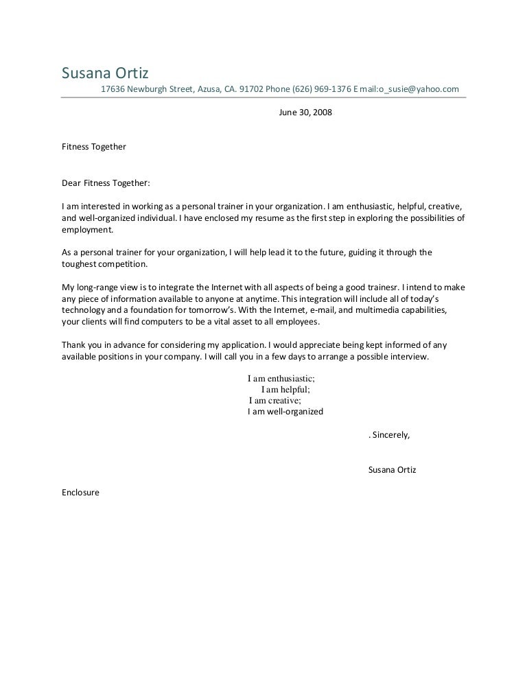 fitness trainer cover letter