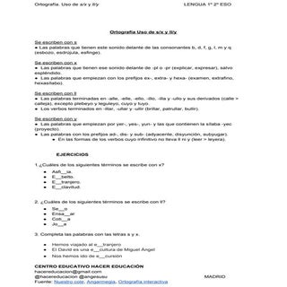 Ortografía. Uso de s/x y ll/y