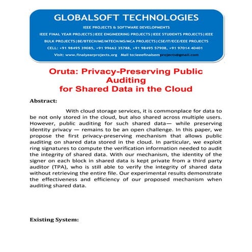 2014 IEEE JAVA CLOUD COMPUTING PROJECT Oruta privacy preserving public auditing for shared data in the cloud