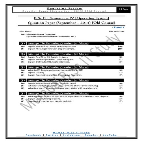[Question Paper] Operating System (Old Course) [September / 2013]