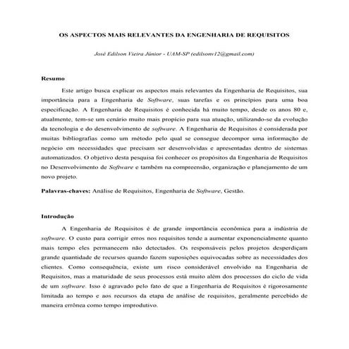 Os aspectos mais relevantes da Engenharia de Requisitos
