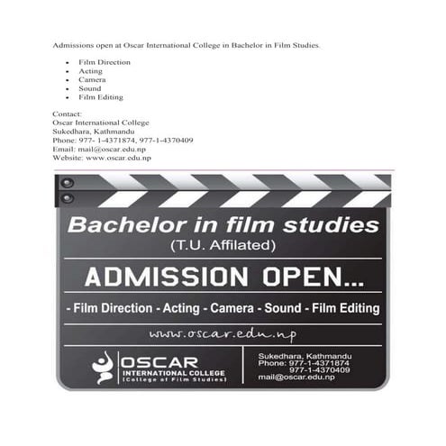 Oscar International College invites applications for Bachelor in Film ...