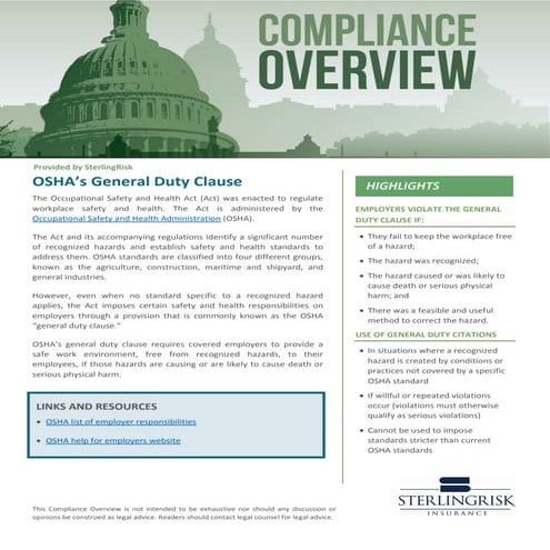 Compliance Overview - OSHA’s General Duty Clause