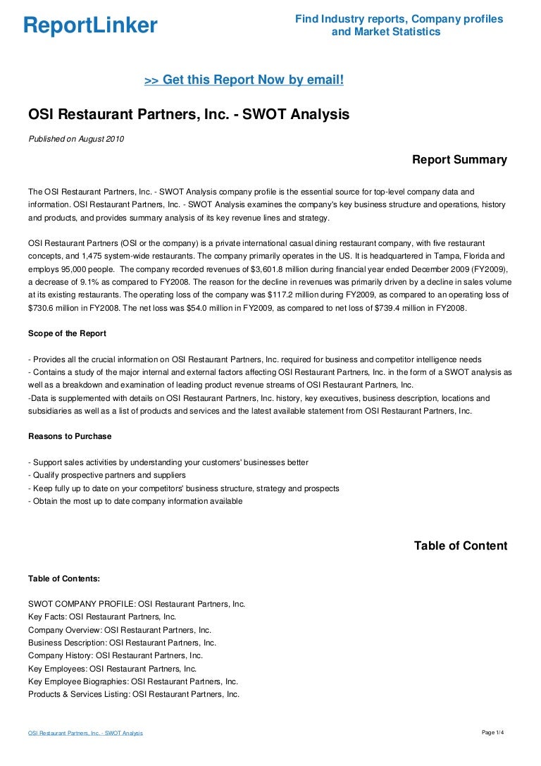 OSI Restaurant Partners Inc SWOT Analysis OSI Restaurant Partners Inc SWOT Analysis