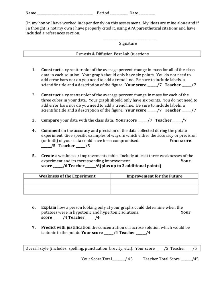 Osmosis and diffusion post lab questions