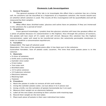 Osmosis lab of potato in three types of water