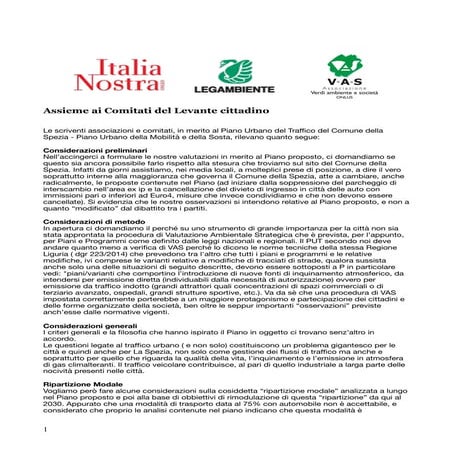 Osservazioni piano del traffico associazioni ambientaliste