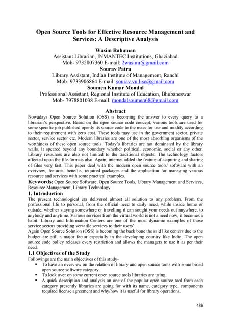 Open Source Tools for Effective Resource Management and Services: A Descripti...