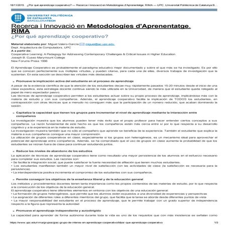 ¿Por qué aprendizaje cooperativo? — recerca i innovació en metodologies d'aprenentatge. rima — upc. universitat politècnica de catalunya barcelona tech.
