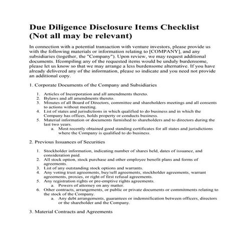 OTAF Due Diligence & Disclosure Items