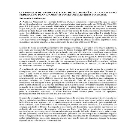 O TARIFAÇO DE ENERGIA É SINAL DE INCOMPETÊNCIA DO GOVERNO FEDERAL NO PLANEJAM...