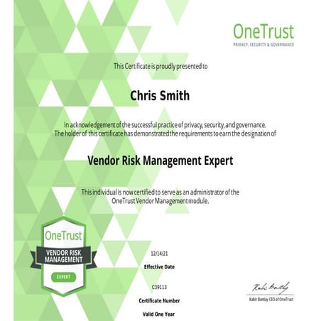 OneTrust Expert Vendor Risk Management Certification PDF