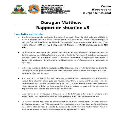 Haiti Matthew: Rapport No.5 du Systeme National de Gestion des Desastres