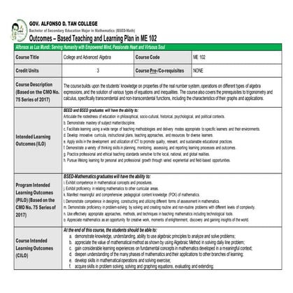 Outcomes based teaching learning plan (obtlp)- college and advance algebra