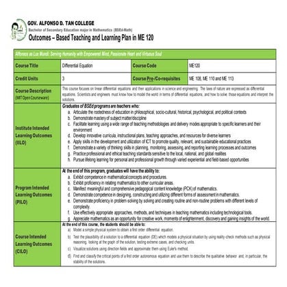 Outcomes based teaching learning plan (obtlp)- differential equation