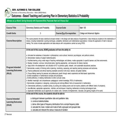 Outcomes based teaching learning plan (obtlp) elementary statistics &amp; pro...
