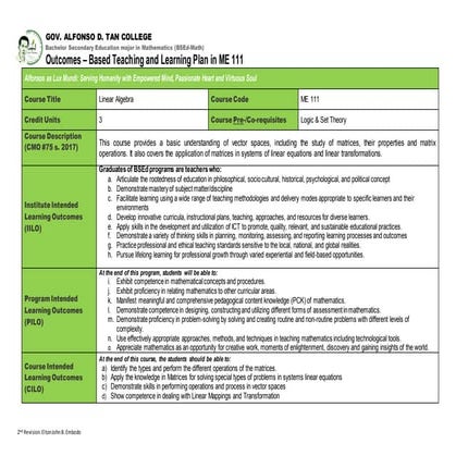 Outcomes based teaching learning plan (obtlp) linear algebra 1st rev