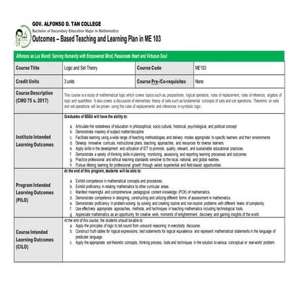 Outcomes based teaching learning plan (obtlp) logic and set theory