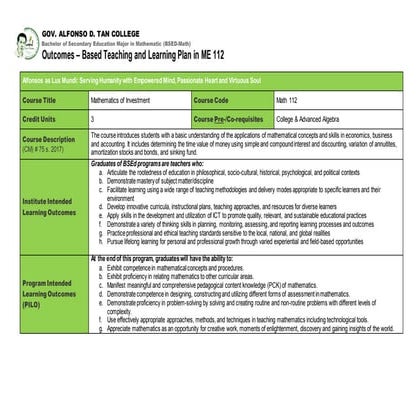 Outcomes based teaching learning plan (obtlp) mathematics of investment 1st rev