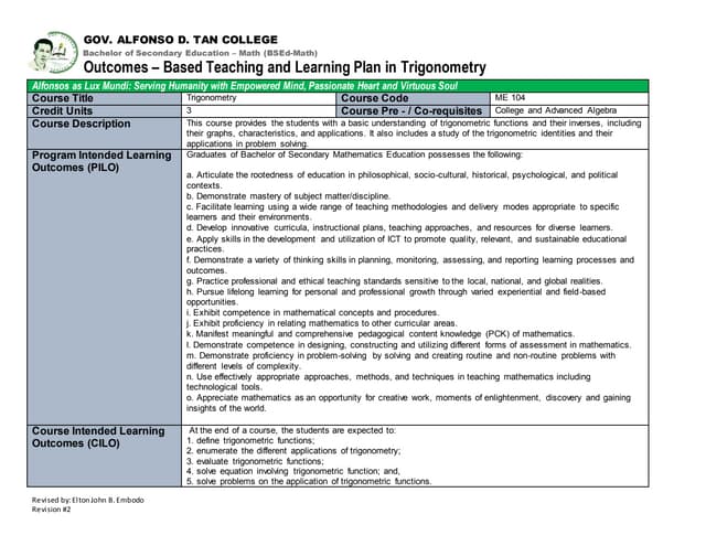Outcomes based teaching learning plan (obtlp) trigonometry