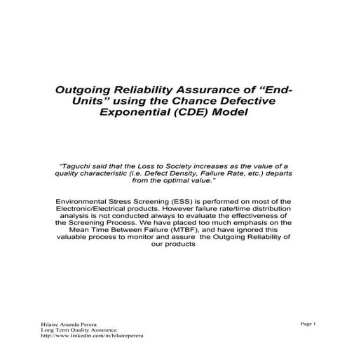 Outgoing Reliability Assurance of 'End-Units'