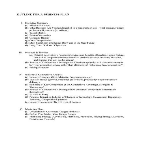 Outline for a business plan (revised)