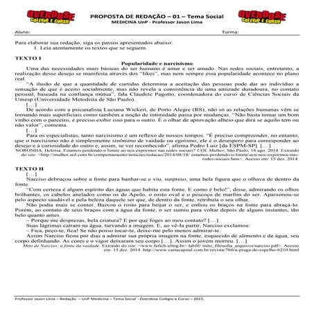 Overdose UnP tema social - redação 1 - narcisismo