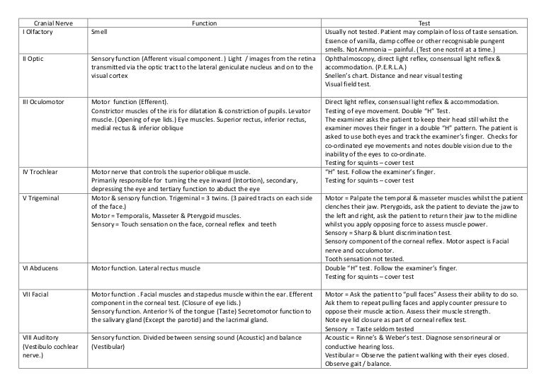 Cranial Nerves Function Chart