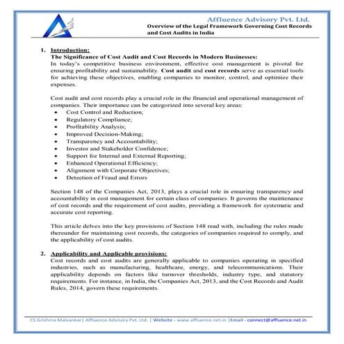 Overview of the Legal Framework Governing Cost Records and Cost Audits in India