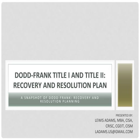 Overview of Dodd Frank Recovery and Resolution Planning