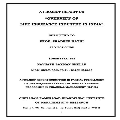 Overview of life insurance industry in India - Project by Navnath Shelar