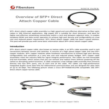 Overview of SFP+ Direct Attach Copper Cable