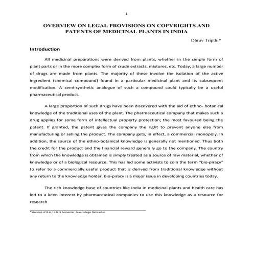 Overview on legal provisions on copyrights and patents of medicinal plants in...