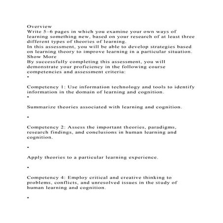 Overview Write 5–6 pages in which you examine your own ways of lea.docx