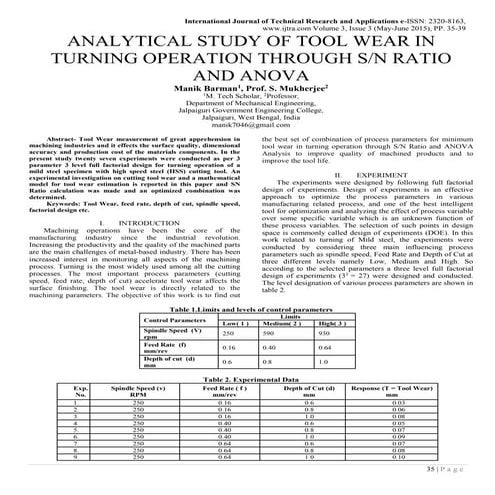 ANALYTICAL STUDY OF TOOL WEAR IN TURNING OPERATION THROUGH S/N RATIO AND ANOVA 