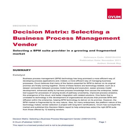 Ovum Decision Matrix: Selecting a Business Process Management Vendor