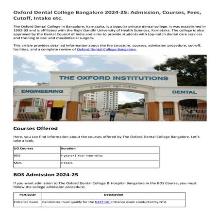 Oxford Dental College Bangalore 2024-25: Admission, Courses, Fees, Cutoff, In...