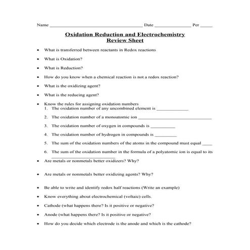 Chemistry - Chp 20 - Oxidation Reduction - Study Guide