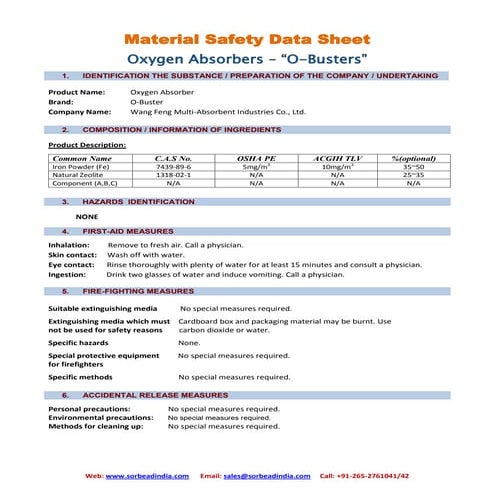 Oxygen Absorbers MSDS | PDF