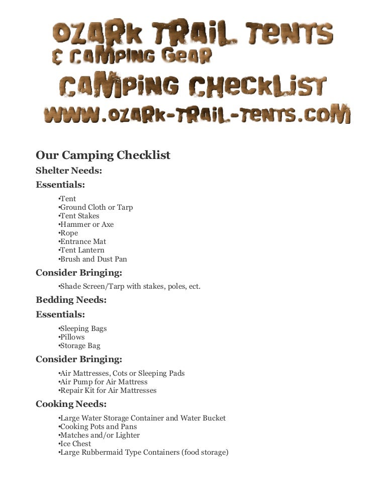 Ozark Trail Tents and Camping Gear Camping Checklist
