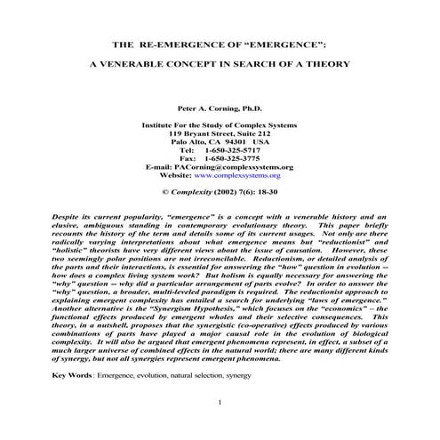P.Corning 2002 the re emergence of emergence