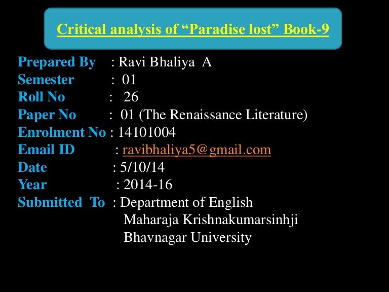 Paradise Lost Analysis Paradise Lost Analysis