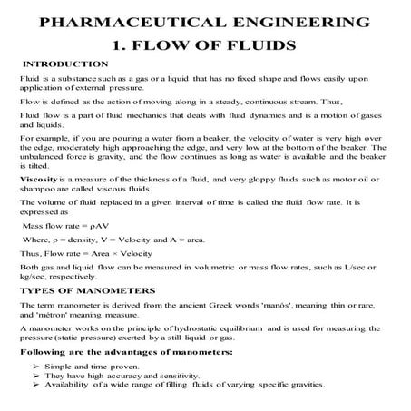 Pharmaceutical engineering  flow of fluids