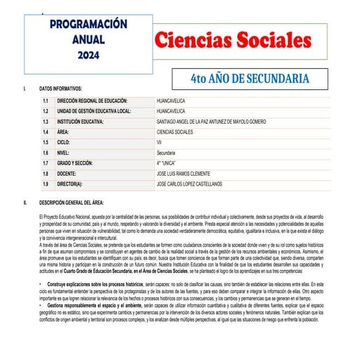 Programación Anual 2024 para Ciencias Sociales en 4° Secundaria en ...