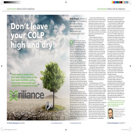 Riliance in Solicitors Journal June 2012
