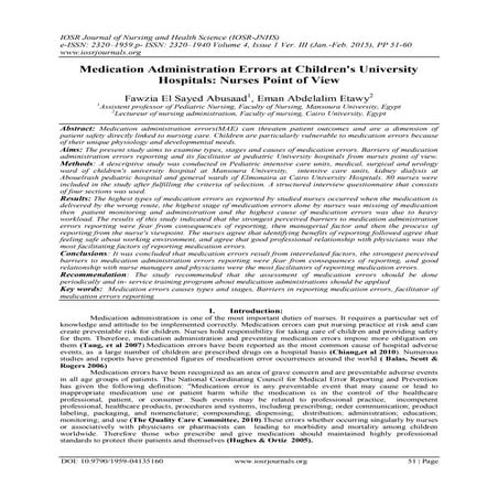 Medication Administration Errors at Children's University Hospitals: Nurses P...