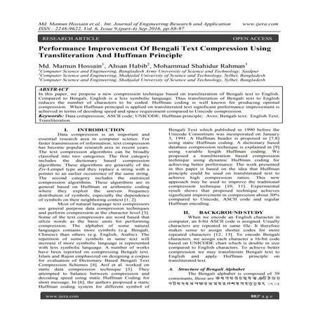 Performance Improvement Of Bengali Text Compression Using Transliteration And...